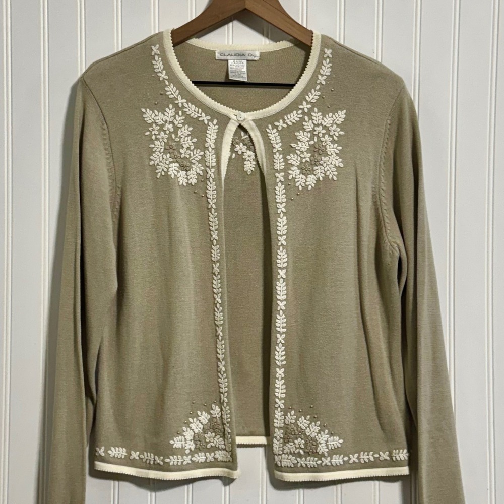 Claudia D. L Vintage 2000 Embroidered Beaded Cardigan Tan Khaki Academinc Boho View 3